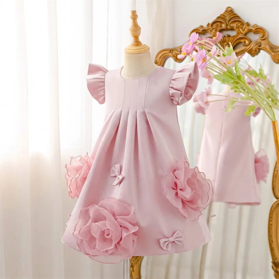Girls Pink Sleeveless Princess Dress 3D Large Rose Applique Pleated Bodice Puffy Skirt Kids Birthday Flower Girl Costume ASQ03