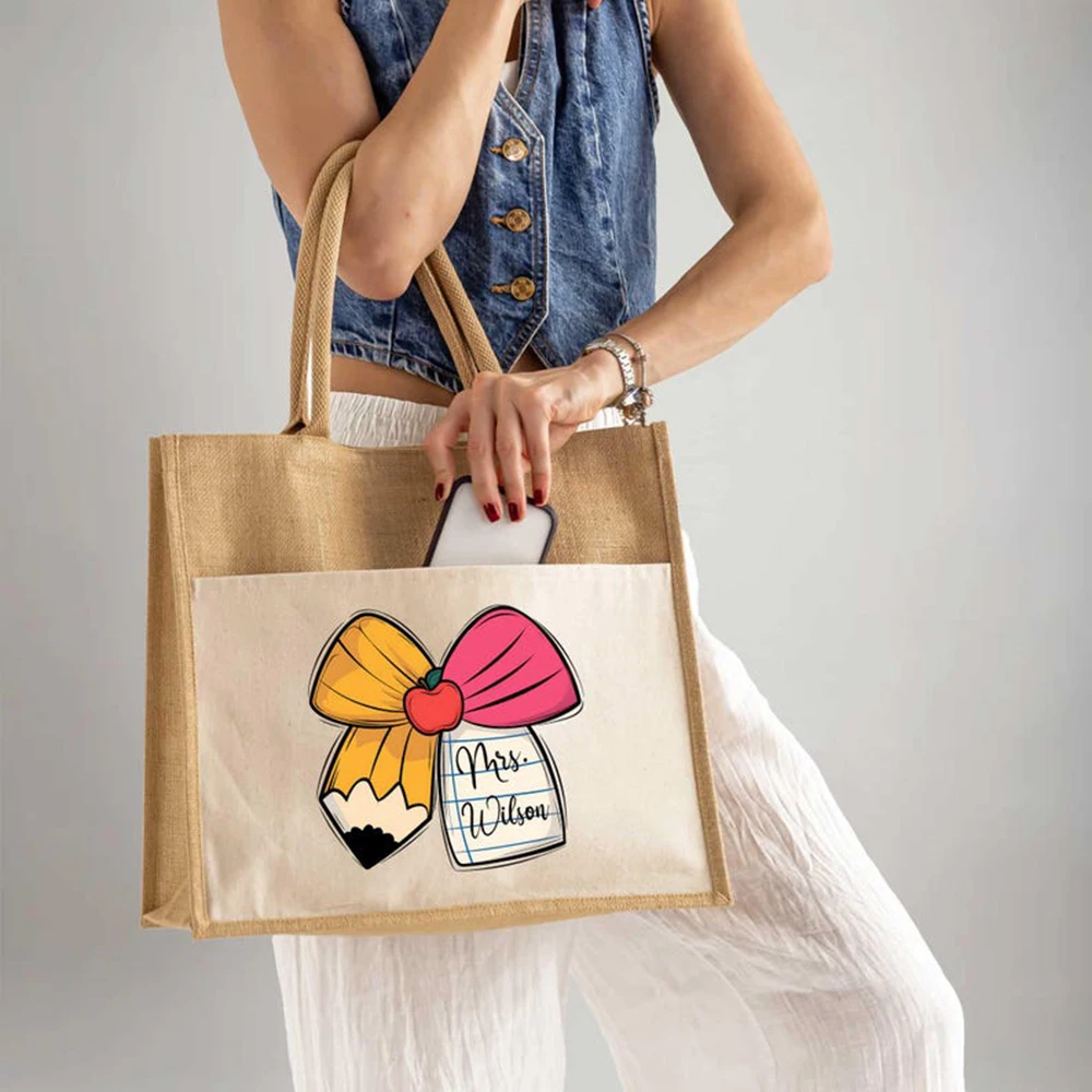

Personalized Teacher Tote Bag Custom Name Canvas Tote Cute Pencil Yellow Bow Tote Bag Back To School Teacher Appreciation Gift