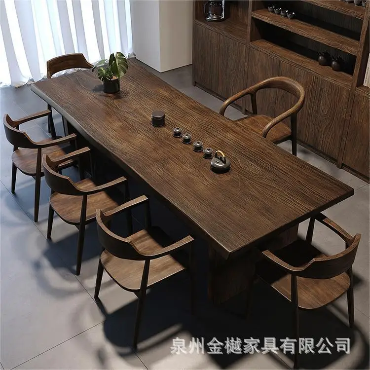 

Simple Solid Wood Tea Table, Full Set Of New Chinese Household Commercial Large Board Table, Living Room Tea Table And Chairs, B
