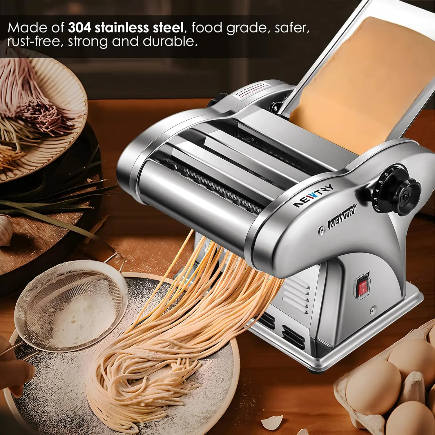 Electric Pasta Maker Noodle Maker Pasta Making Machine Dough Roller Cutter Thickness Adjustable Stainless Steel US 110V for Fami