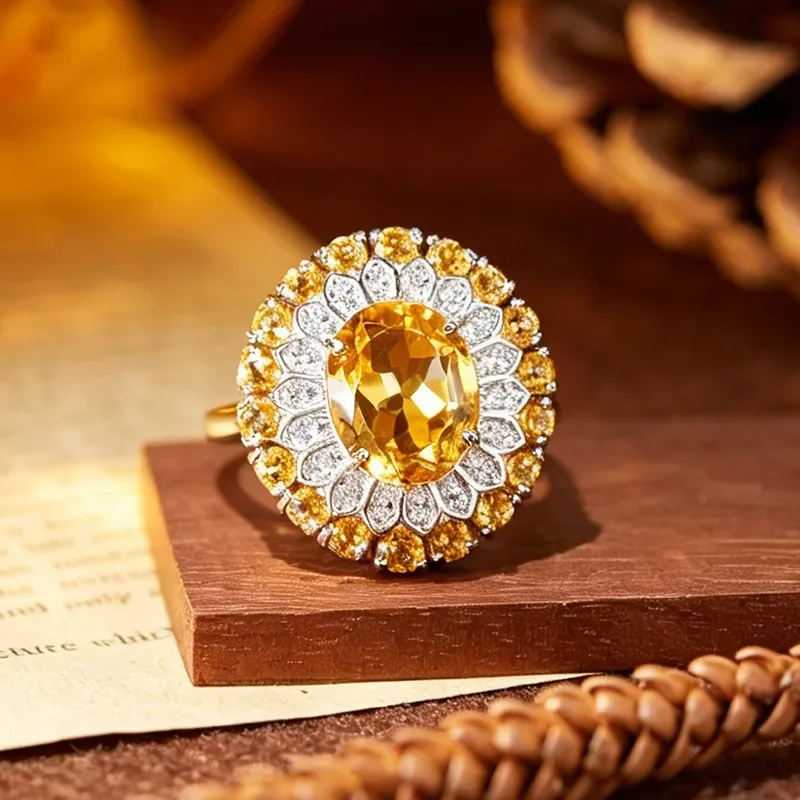 Live stream explosion natural citrine amethyst ring women's S925 sterling silver luxury inlay factory source wholesale