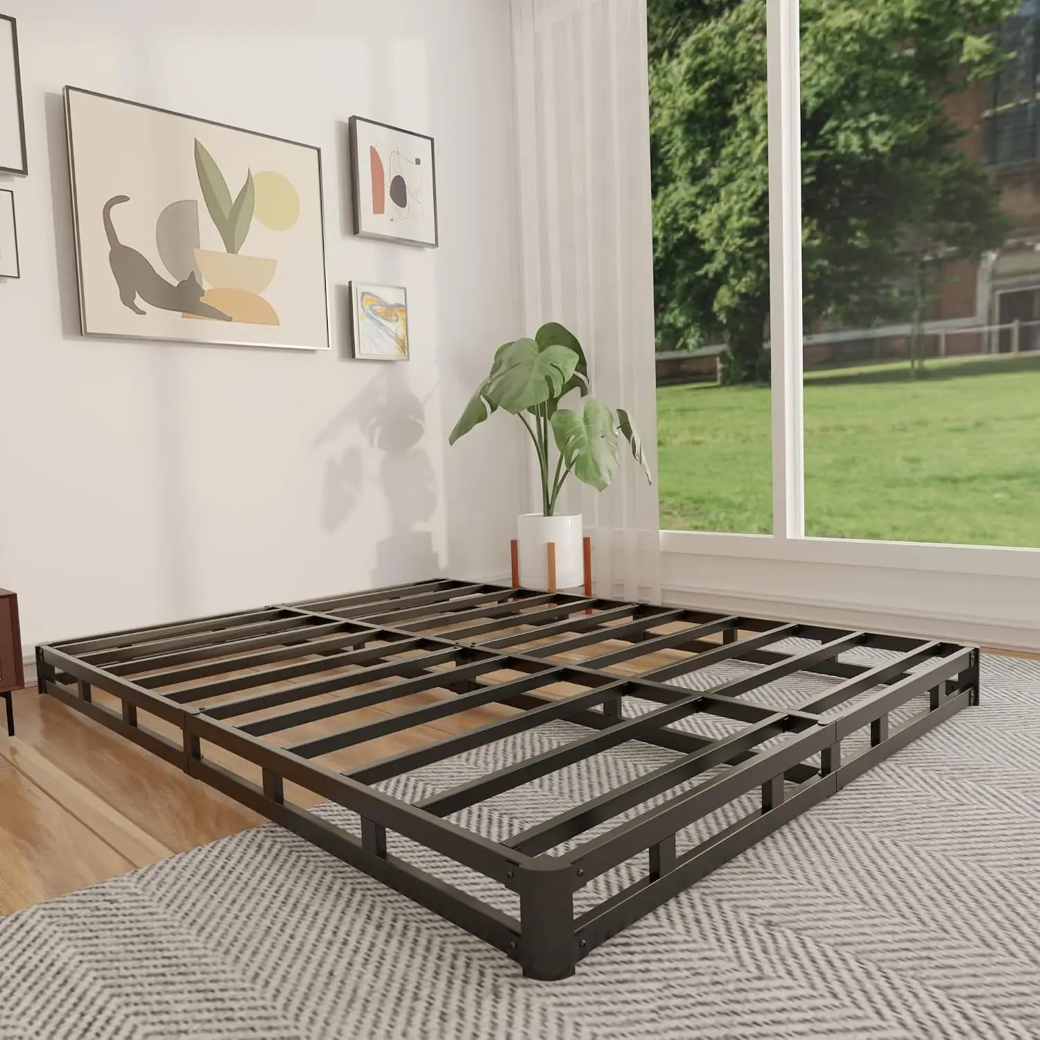 Base de colchón metálica de perfil bajo de 4 pulgadas para cama Queen, resistente, con cubierta de tela, soporte de lamas de alta capacidad de carga, fácil montaje, antideslizante, silenciosa, blanca
