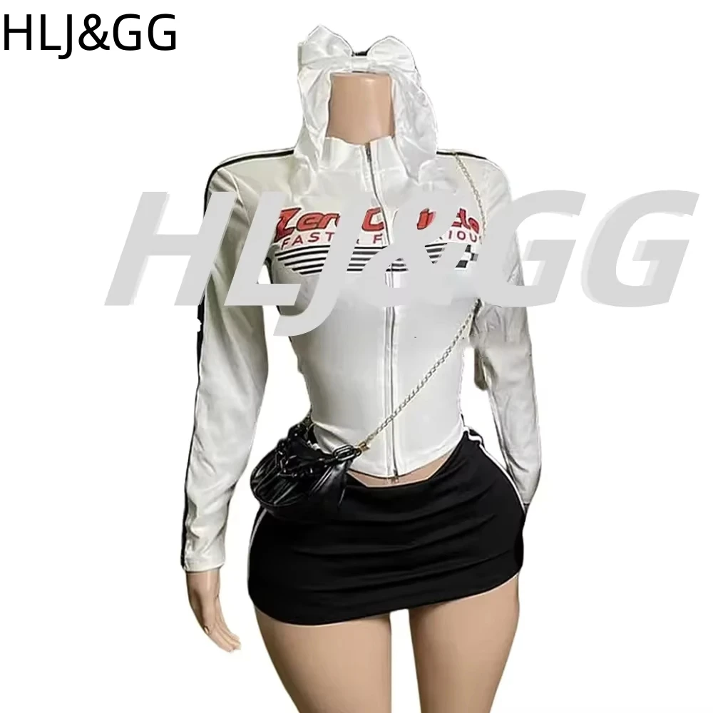 HLJ&GG Fashion Letter American Vintage Streetwear Women Zip Long Sleeve Top And Mini Skirts Two Piece Sets Female Y2K Outfits