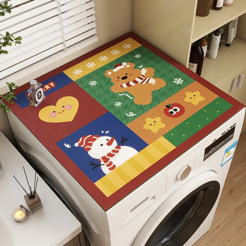 VIKAMA Patchwork Bear Snowman Washing Machine Top Mat Color Grid Winter Print Waterproof Anti Dust Cabinet Cover Pad