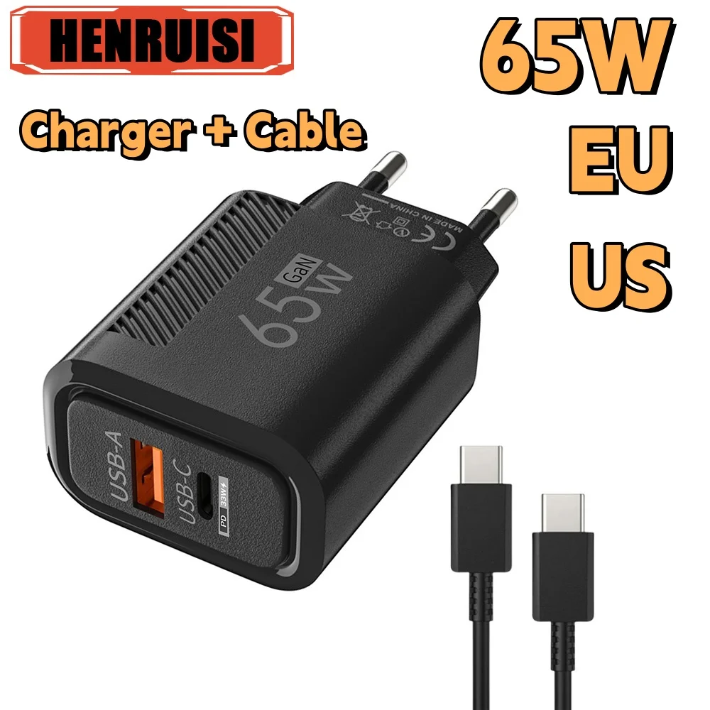 65W GaN Charger Type C Fast Charging Wall Adapter For iPhone Xiaomi Samsung Quick Charge 3.0 Dual PD USB C Fast Charging Charger