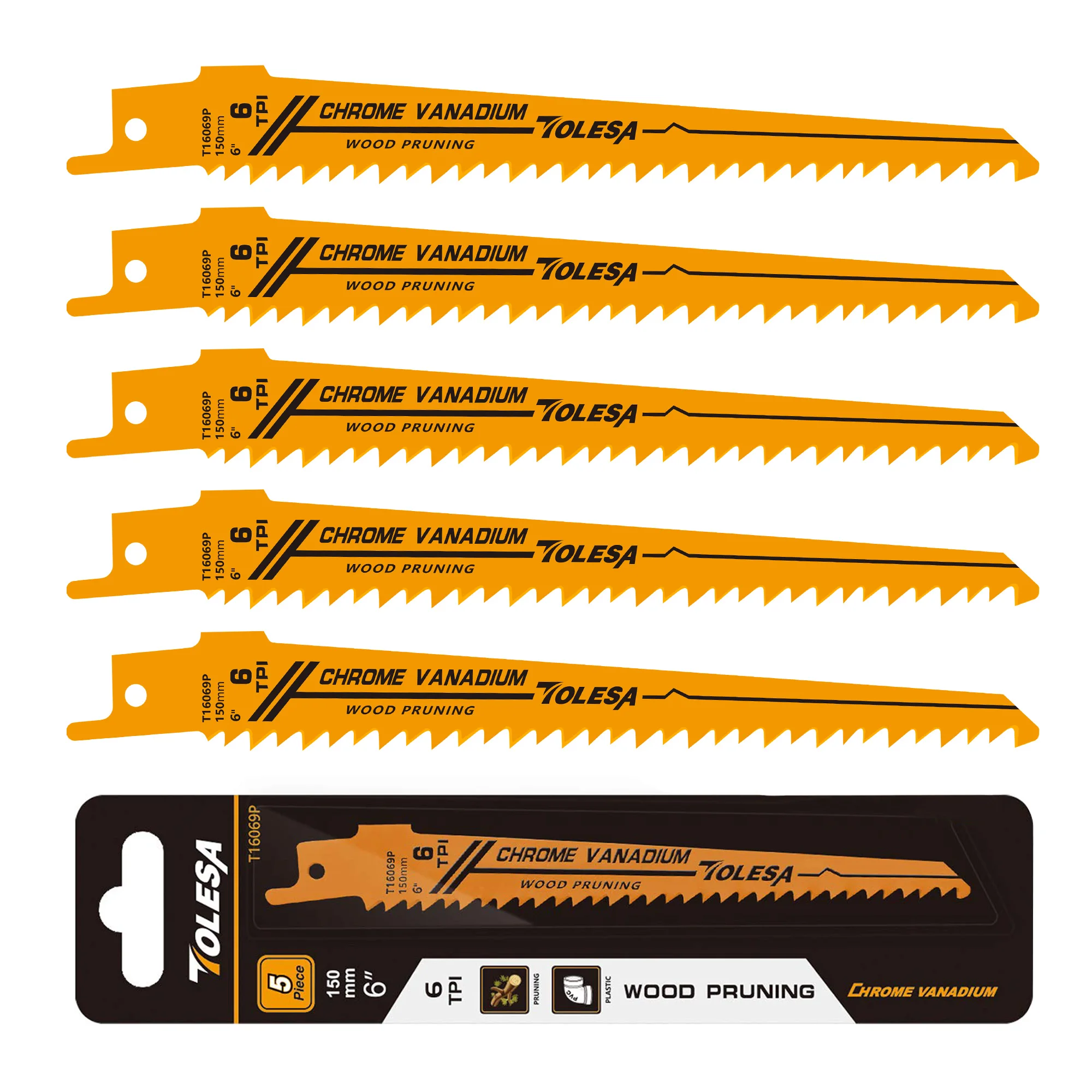 TOLESA 150mm Wood Pruning Reciprocating Saw Blade 6Inch Sawzall Blade for Wood Cutting and PVC Pipe Cutting, 5PC Sabre Saw Blade