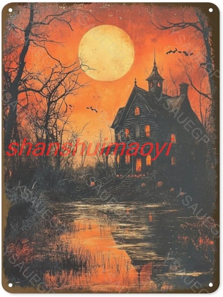 Vintage Halloween Tin Sign Rustic Haunted House Metal Sign Wall Decor for Home Kitchen Porch Garden Indoor and Outdoor Hall SHUI