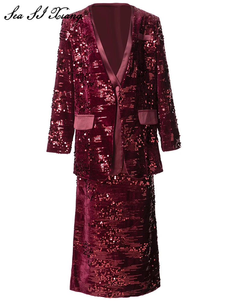 Seasixiang Women's V-Neck Long Sleeve Single Button Coat + Skirt Sequins Velvet Vintage 2 piece set  Fashion Autumn Female