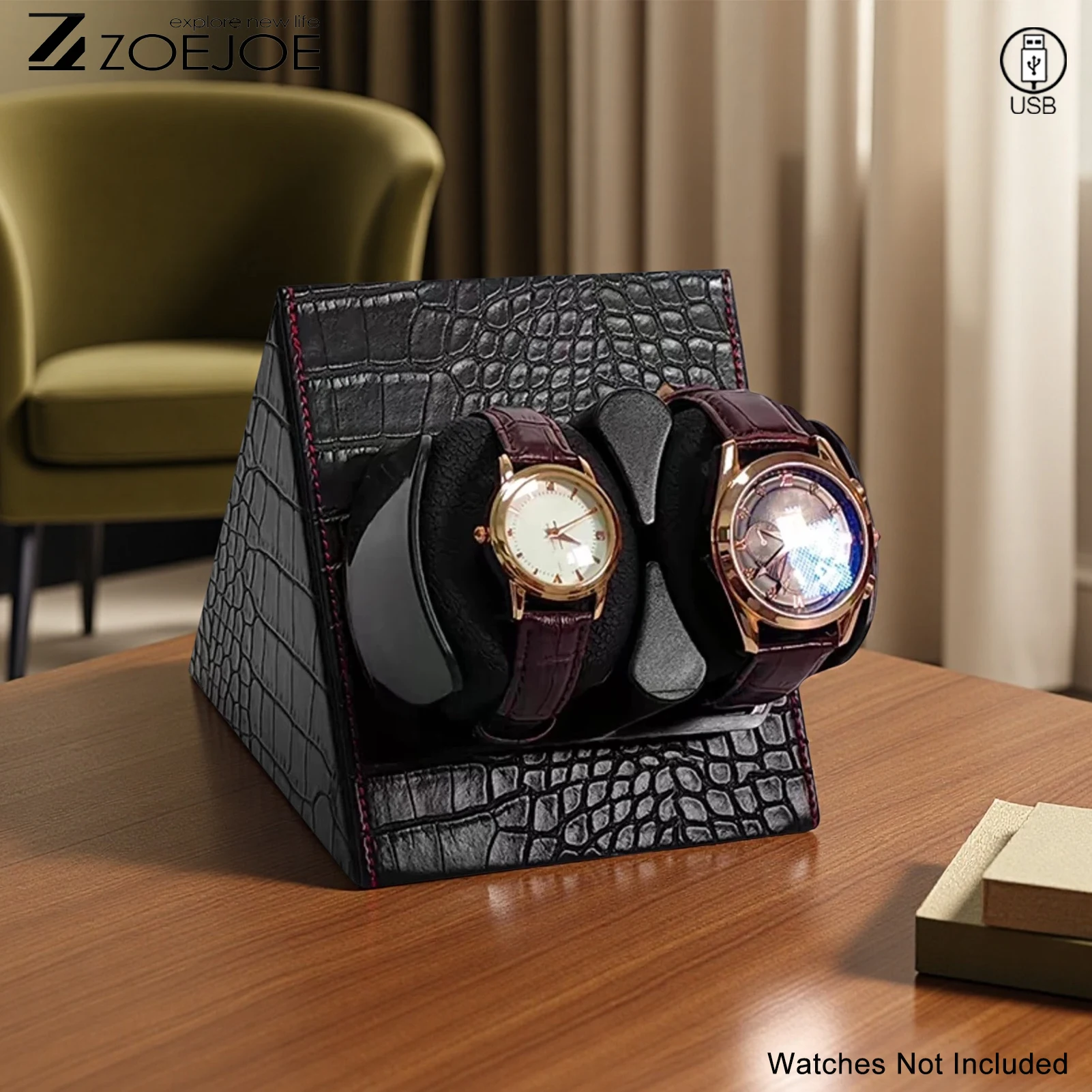 

ZOEJOE 2+0 Watch Winder, USB Power, Carbon Fiber Texture, Quiet Motor, Compact Display Stand for Automatic Mechanical Watches