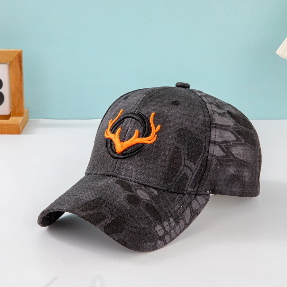 Modische Baseballkappen mit Hörner-Stickerei für Männer und Frauen Tarnmuster Taktischer Sonnenhut Frühling Herbst Outdoor-Sport Angeln Visiere – Detail 1