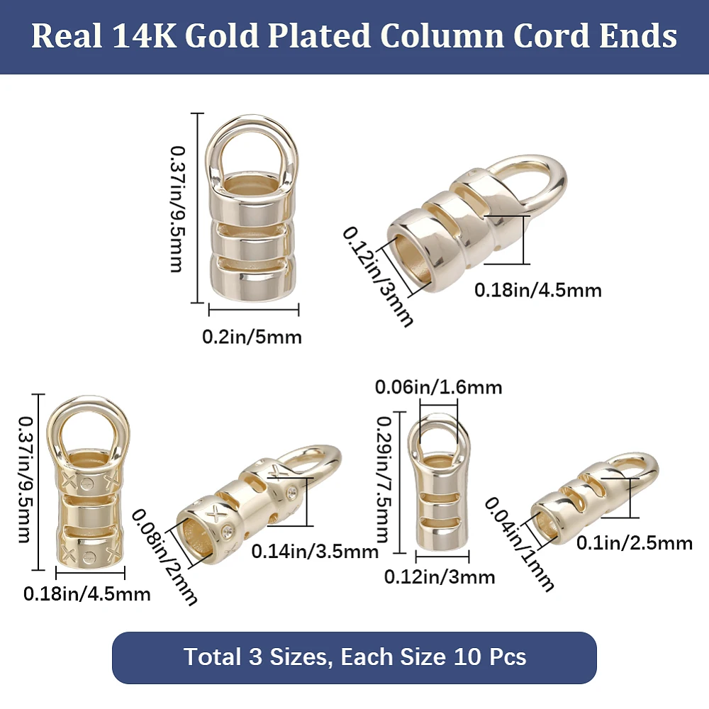 30Pcs Barrel End Caps Real 14K Gold Plated Brass Leather Cord Caps Tube Crimp Beads Rope End Tips Terminators for Leather Cord