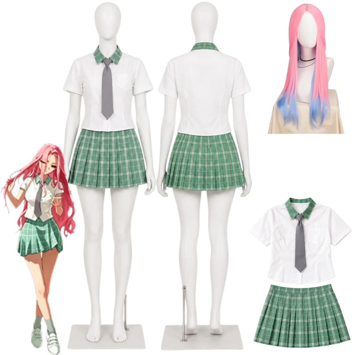 Anime Alien Stage Mizi Cosplay Costume Japanese-style JK School Uniform Shirt Green Grid Skirt Wig Woman Cute Campus Set