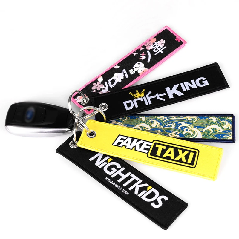 1PCS JDM Keychain Car Culture Fashion Tags Embroidered Short Cloth Rectangle Polyester Auto Holder Charm KeyRing Fake Taxi