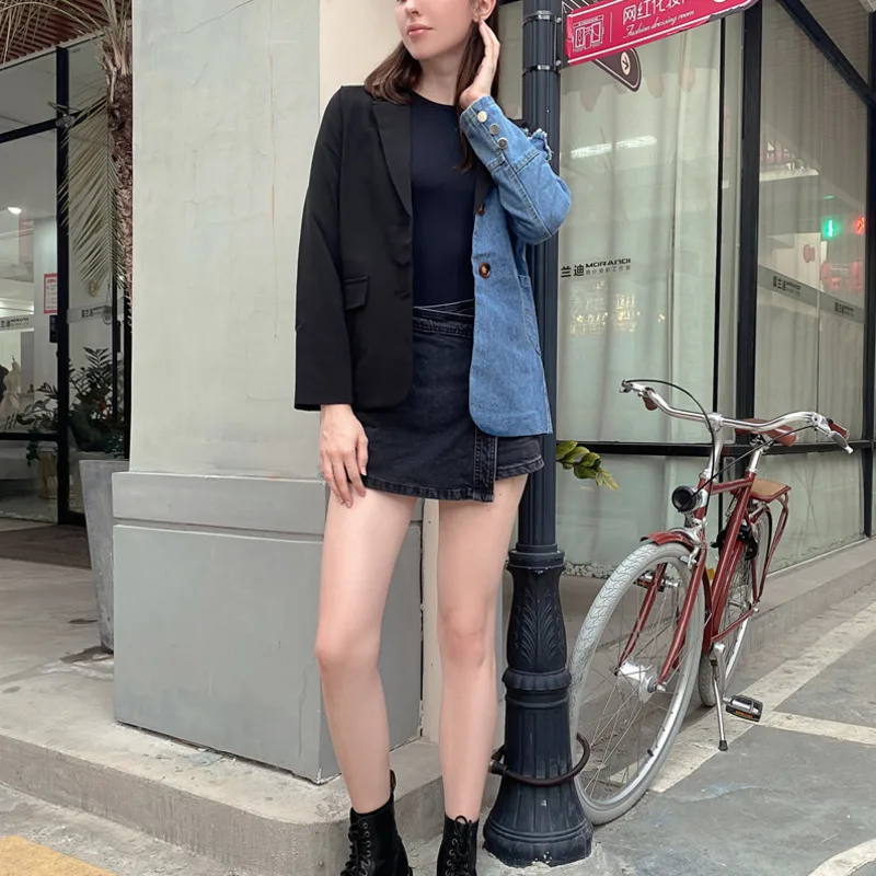 2023 Autumn Winter Women Korean Vintage Blazer Denim Patchwork Jackets Irregular Coat Women Long Sleeve Oversize Outerwear Suit