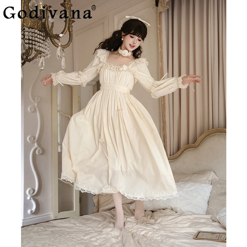 

Apricot Beading Bow Sweet Dress for Girls Original Japanese Style Lolita Princess Dress Women's Long Sleeve Birthday Dress