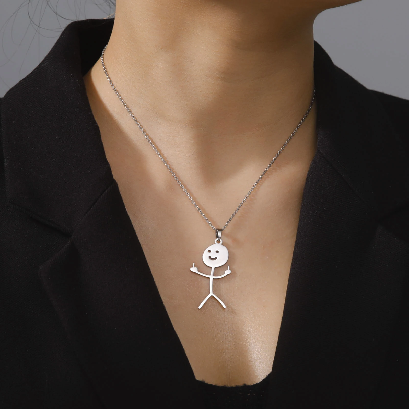 Teamer Hip Hop Middle Finger Stickman Necklace Rock Punk Funny Doodle Pendant Necklace for Women Men Trend Jewelry Gift