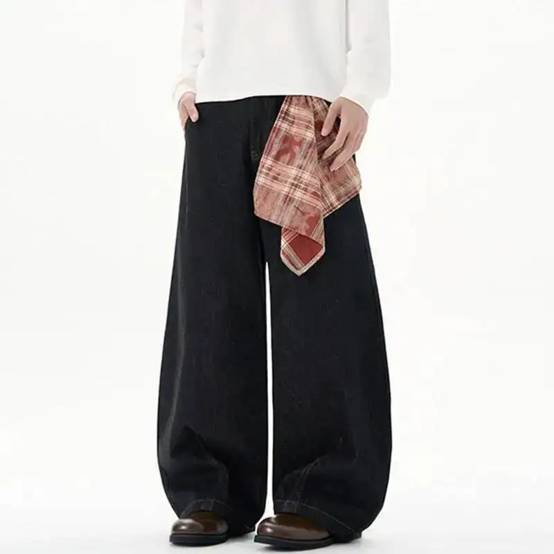 Niche Design Men's Denim Pants Removable Handkerchief Solid Color Curved Knife Trousers Wide Leg Loose Male Jeans 9WBWSB