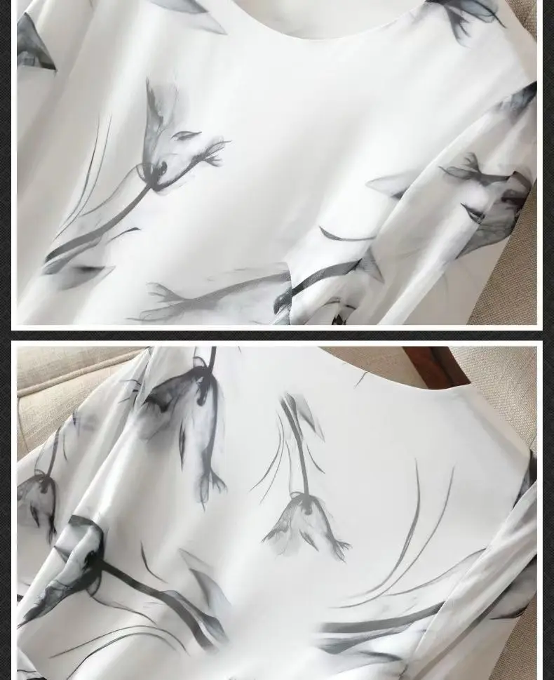 2025 Summer Chiffon Printed Dress Tied Five-quarter Sleeves Fashionable Temperament Slim Mid-length Skirt