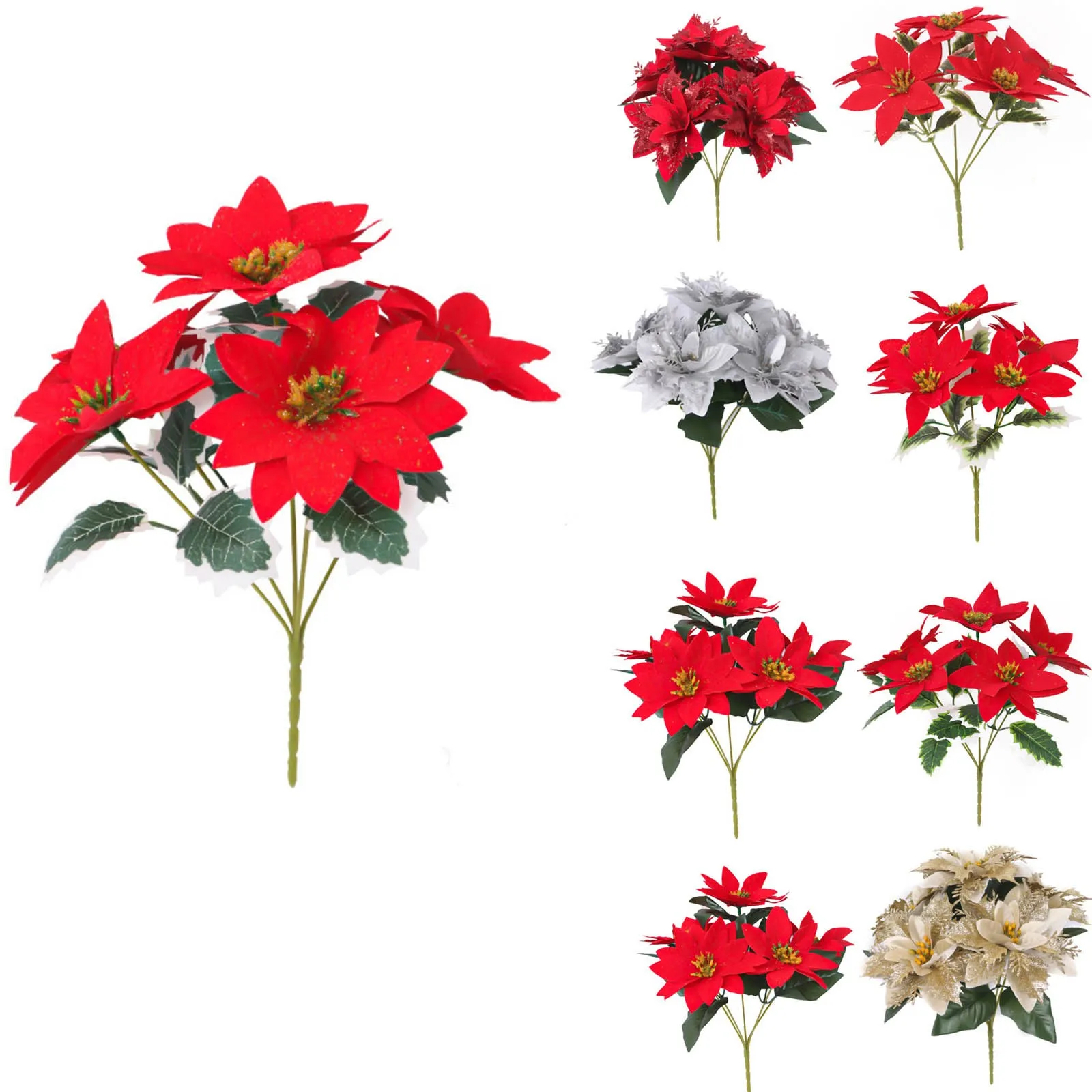 32cm Artificial Poinsettia Bushes Faux 7 Heads White Red Silk Artificial Christmas Flower Bouquet For Home Wedding Party Decor