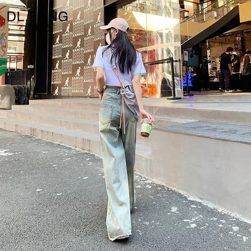 2023 New Worn Pants Vintage Cement Yellow Straight Tube Loose Relaxed Hip-hop Fashion Jeans Women High Waist Slim Wide Leg Pants