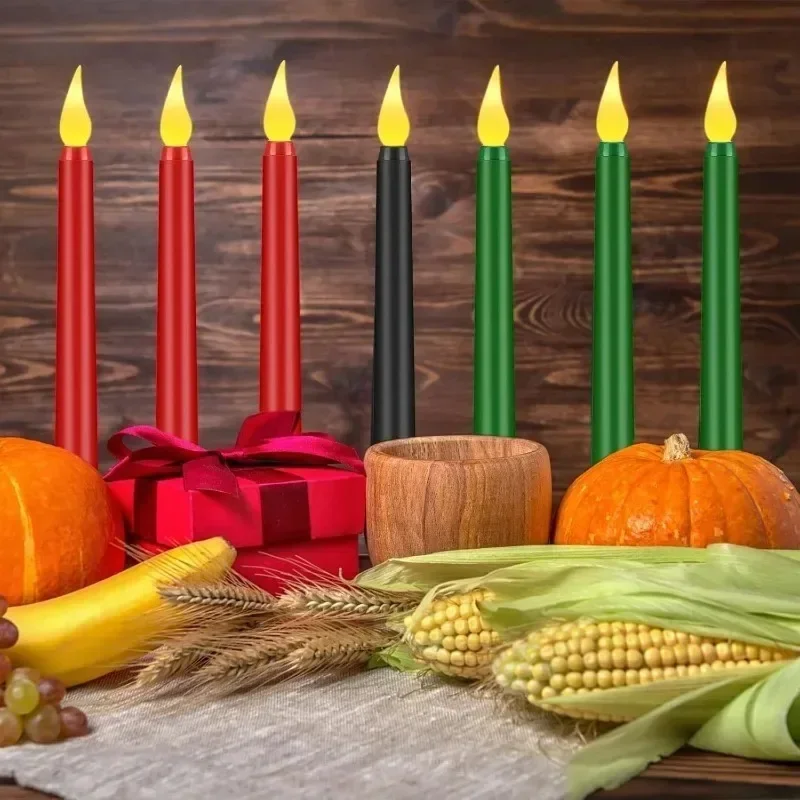 6PCS Remote Control Kwanzaa LED Candles Set White Red Black Taper Candlestick Elegant Metallic Design for Church Christmas Decor