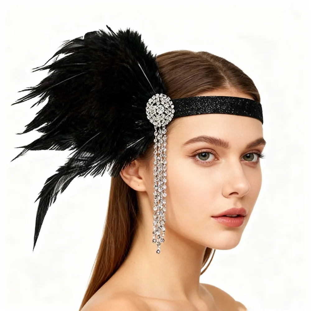 

PESENAR 1920s Style Black Feather Crystal Tassel Headband for Flapper Costume and Vintage Gatsby Accessory