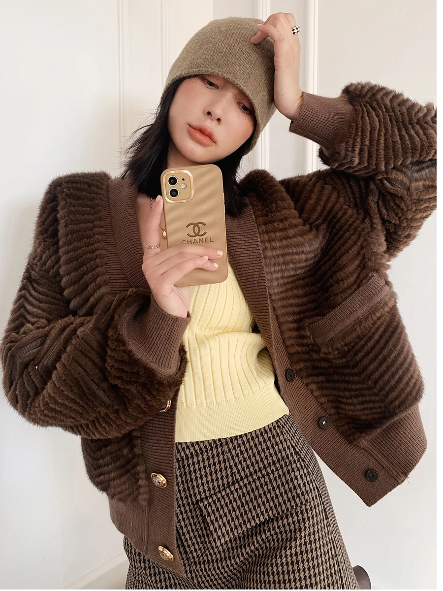 HDHOHR 2024 New High Quality Natural Mink Fur Coats Women Fashion Knitted Real Mink Fur Jacket Warm Fur Parkers For Female