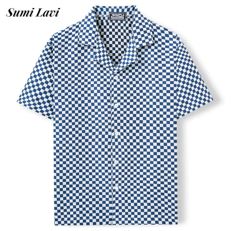 

Весенне-летние стильные мужские клетчатые рубашки с коротким рукавом и отложным воротником на пуговицах, жаккардовая рубашка для мужчин, винтажные кардиганы, топы