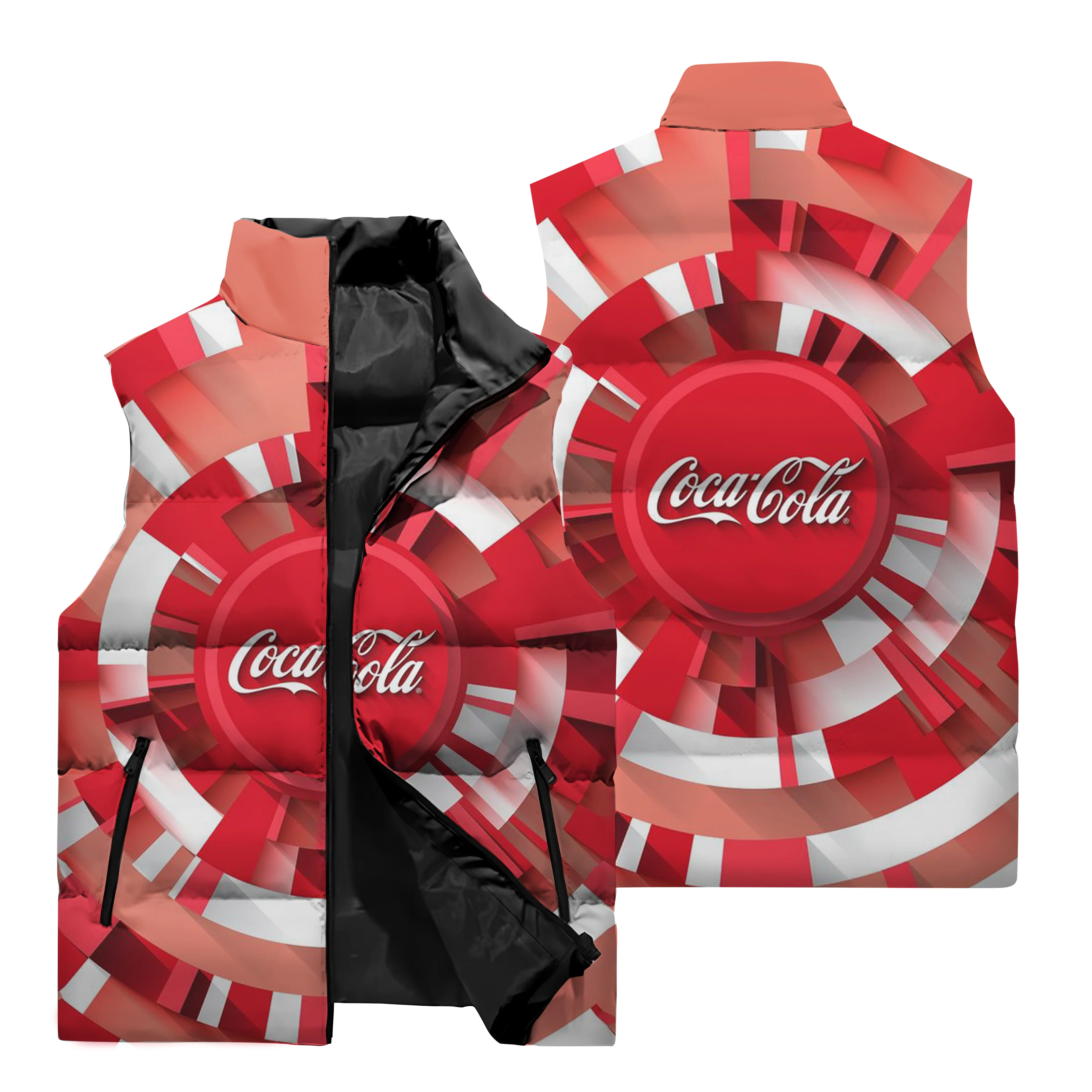 New 3D Coca-Cola Printed Men\'s Sleeveless Jacket Outdoor Sports Running Windproof Coat Men\'s Casual Stand-up Collar Zipper Vest