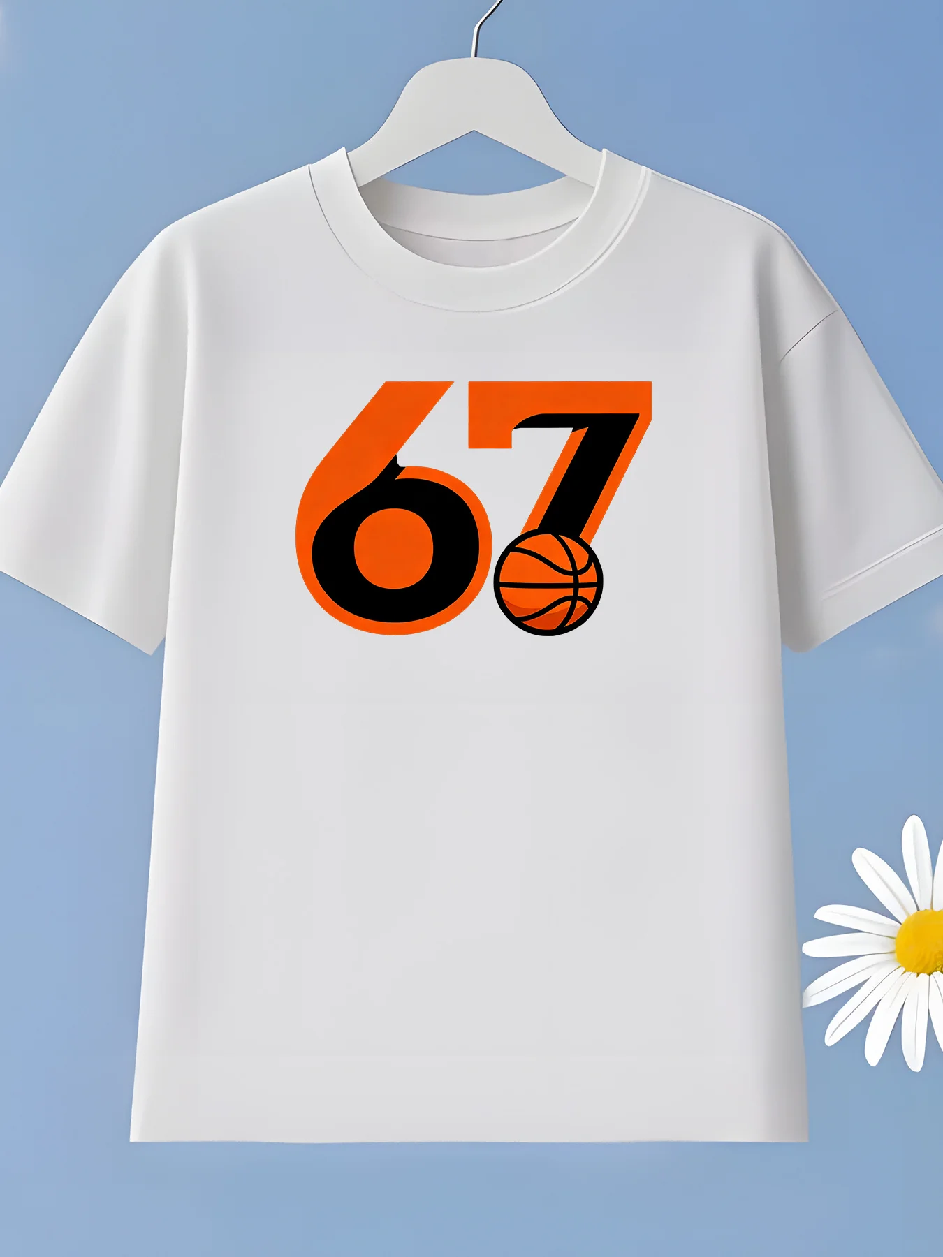 Regular Round Neck Top with Creative  Number Stem 67 Pattern Printed Clothing Suitable for Children Who Like Basketball Style