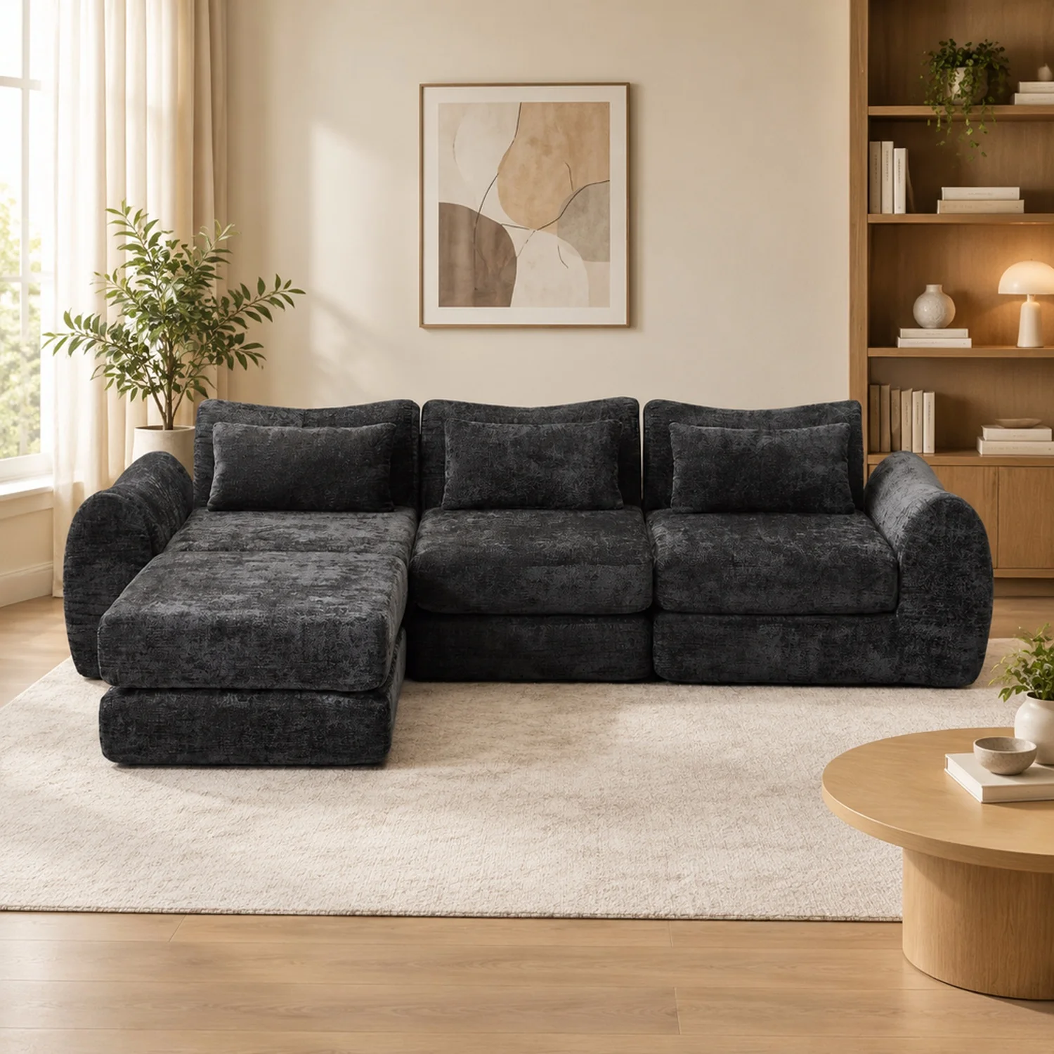 Wave Modular Sectional Sofa, Convertible L Shaped Cloud Couch with Ottoman Chaise, Soft Chenille Fabric Comfy Deep Seat Set for