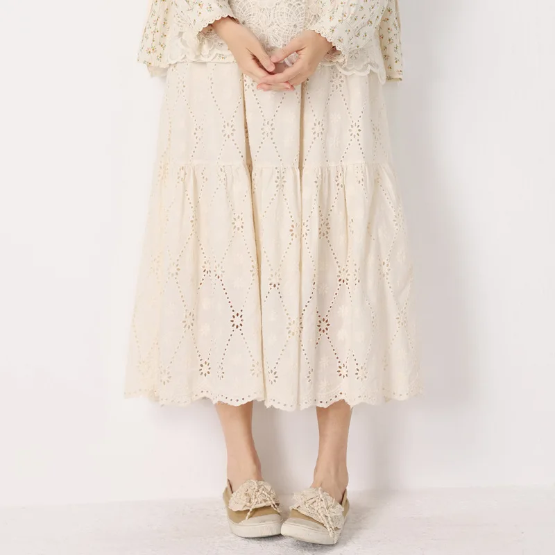 

Милая юбка-зонтик с высокой талией в консервативном стиле, японская юбка Mori Girl в стиле ретро, женская двухслойная юбка с полой вышивкой, осень