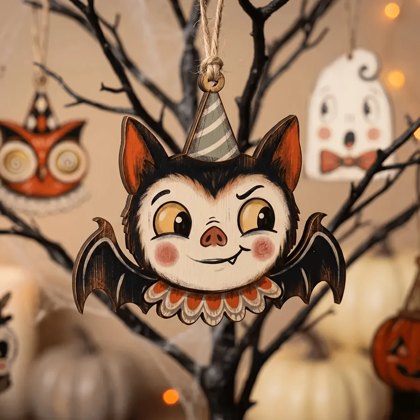 7/5/2Pcs Vintage Wooden Halloween Hanging Ornament Cute Ghost Vampire Pattern Personalized Wall Decor Home Party Decoration