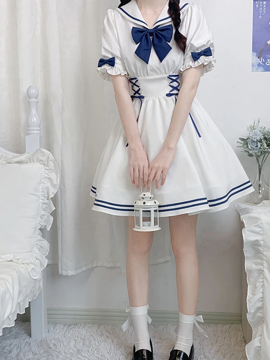 Prinses Lolita Jurk Cos Lolita Navy Kraag Matrozenjurk Grote L-4xl Korte Mouwen Strandresort Jurk