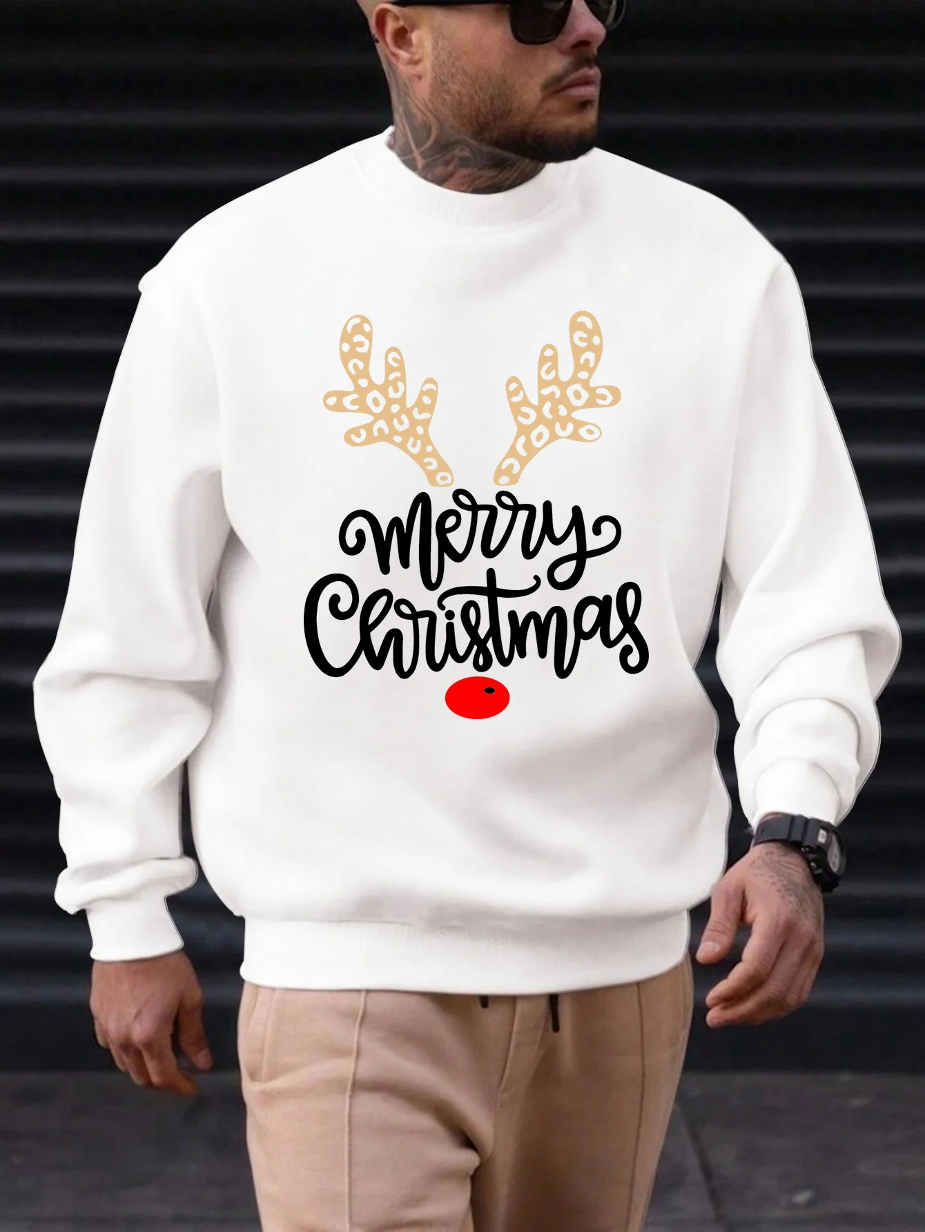 1pc Men'S Casual Christmas Sweatshirt, Polyester Knit Crew Neck Pullover with Merry Christmas Reindeer Print, Regular Fit Fashion Hoodie