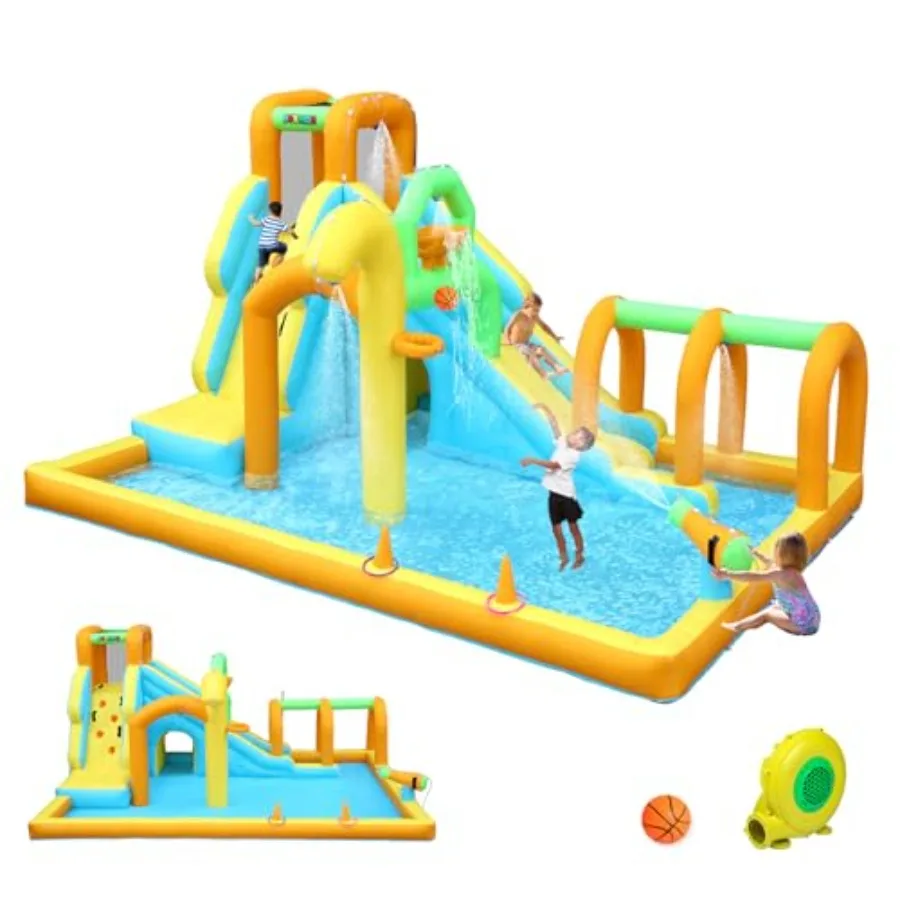 Backyard water slide park for ages 3-10: inflatable 10-in-1 bounce house with water bucket, tunnel, cannon, basketball hoop; PV