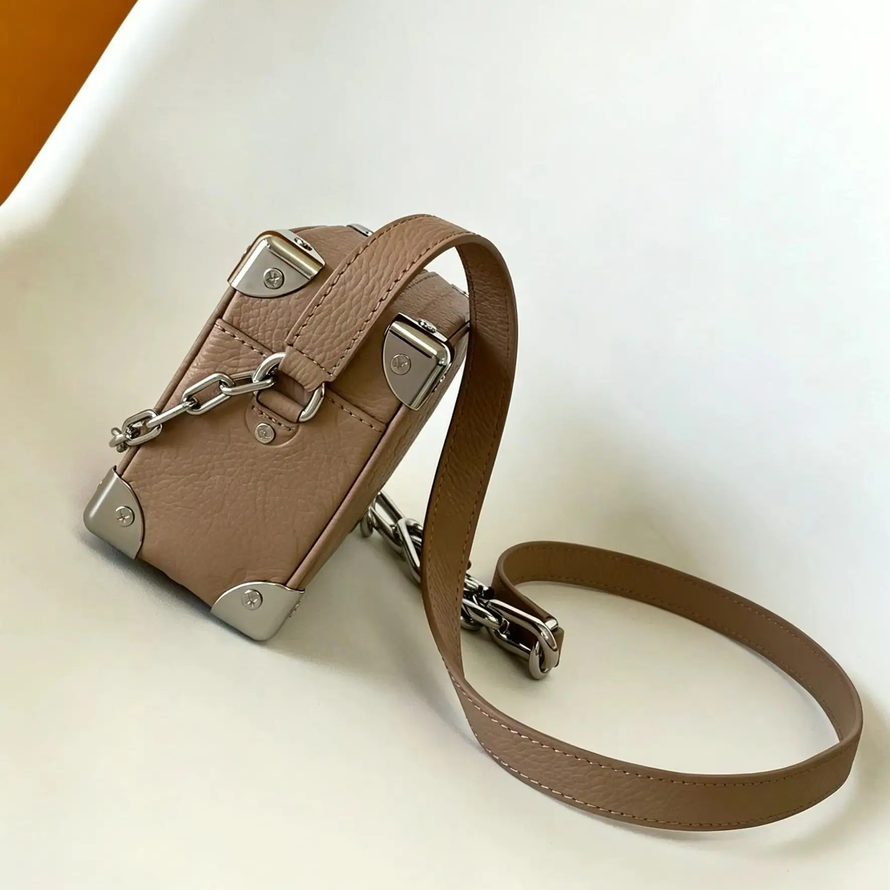 Milk Tea Pebble Leather Mini Trunk Bag, Luxury Dual Straps Multi-Way Handbag