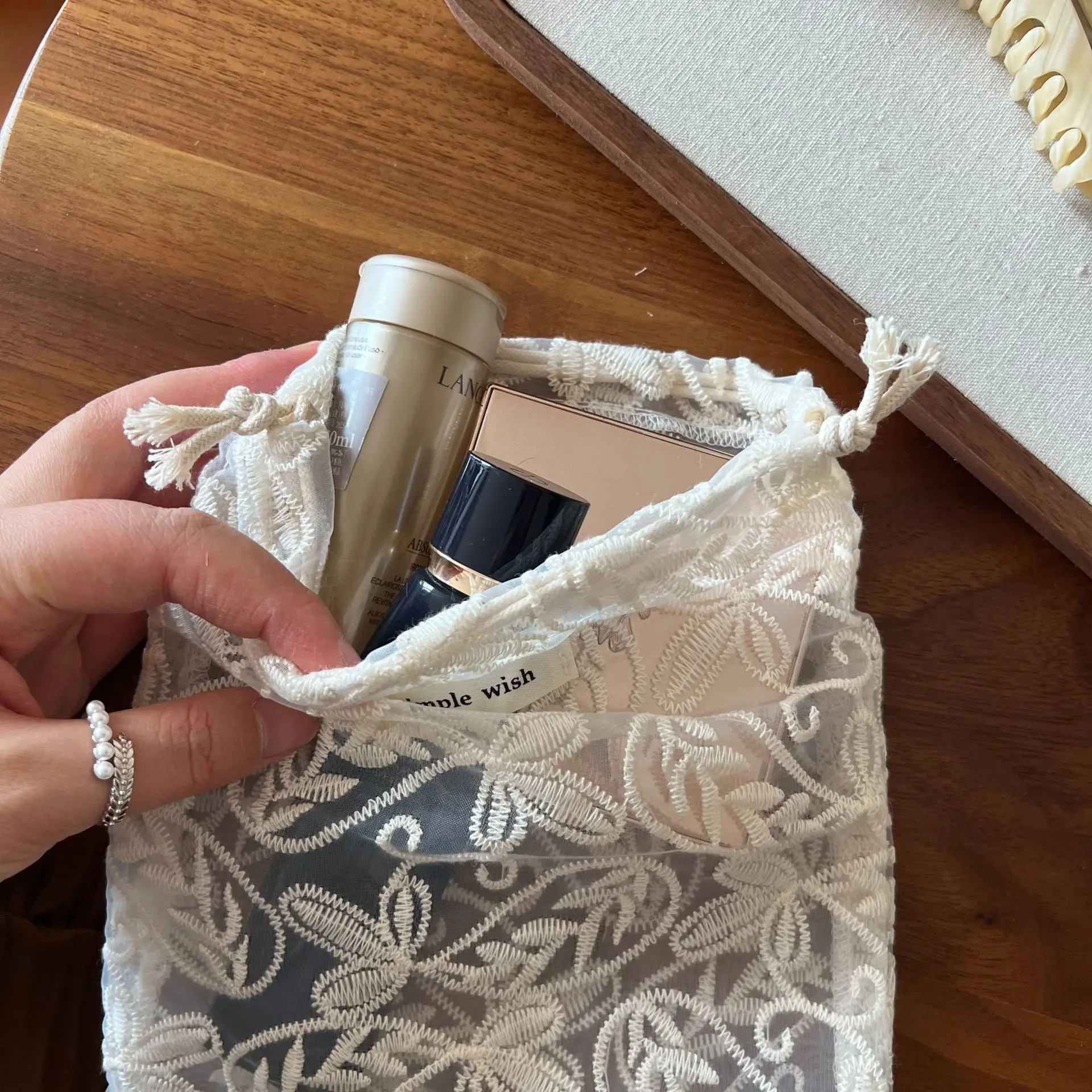 Retro-Aufbewahrungstasche aus Spitze, Aprikose, mit Spitzenausschnitt, bestickt, Mehrzweck-Organizer, Aufbewahrungstasche für Haarschmuck und Kopfhörer – Detail 11