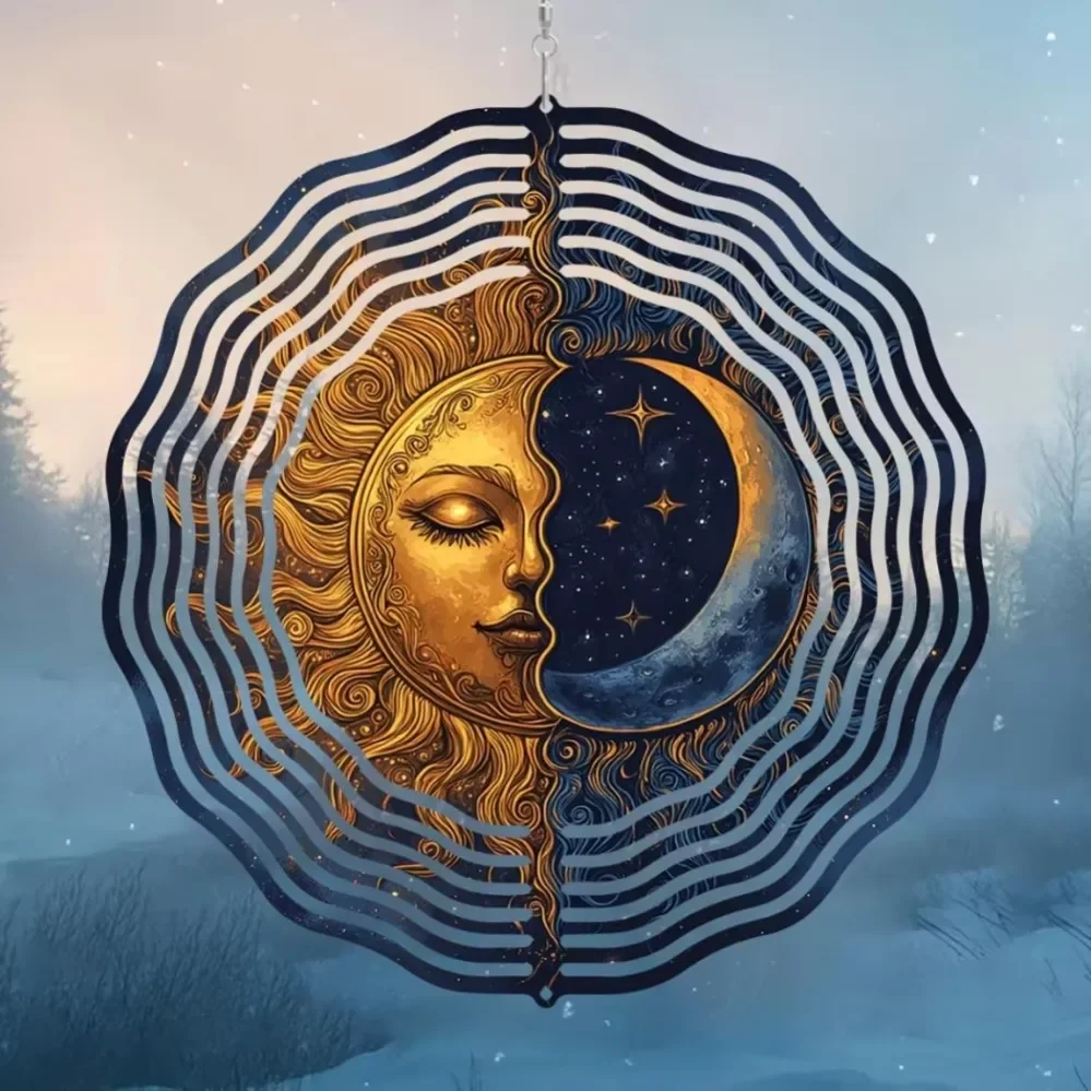 Iron Wind Chime for Windowsill，-inch Celestial Wind Spinner - 3D Sun & Moon Laser-Cut Metal Art With Geometric Patterns, 360° Ro