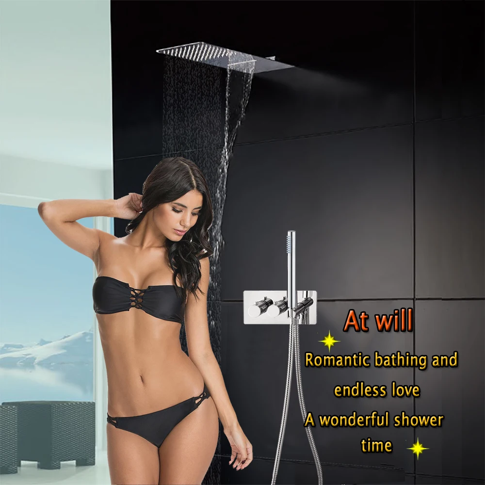 Concealed  Thermostatic Shower System  3 Way Water Outlet Mixer Faucet  Bath Tap Inwall Shower Head 500x200 Rain Waterfall