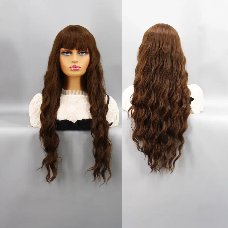 

Европейский и американский стиль: женский длинный волнистый парик машинной работы с натуральным объемом и челкой, длинные кудрявые волосы