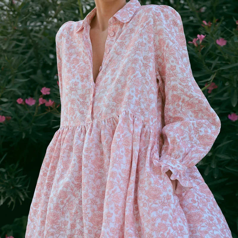 

Women's temperament elegant printed dress design sense ruffled lapel long sleeve shirt skirt club clothing Vestidos