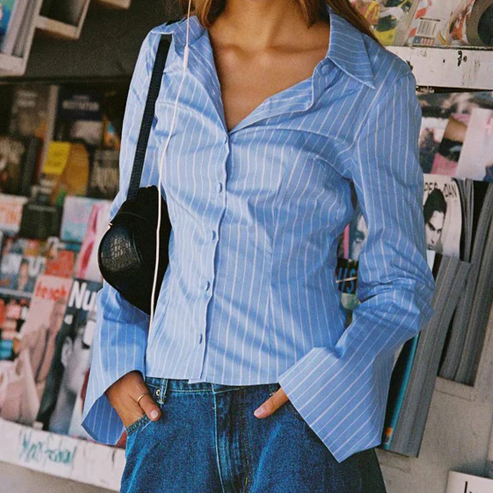 Camicie da lavoro a maniche lunghe con bottoni autunno y2k da donna Camicetta slim fit con stampa a righe Camicie coquette estetiche vintage anni '00 Streetwear