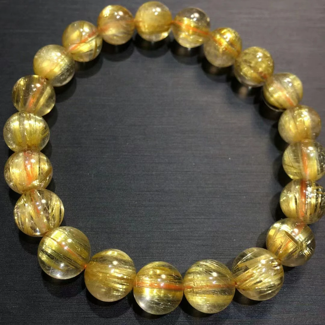 Natural Gold Rutilated Quartz Titanium beads Bracelet 9.5mm Wealthy Woman Men Clear Round Beads Jewelry From Brazil AAAAAAA