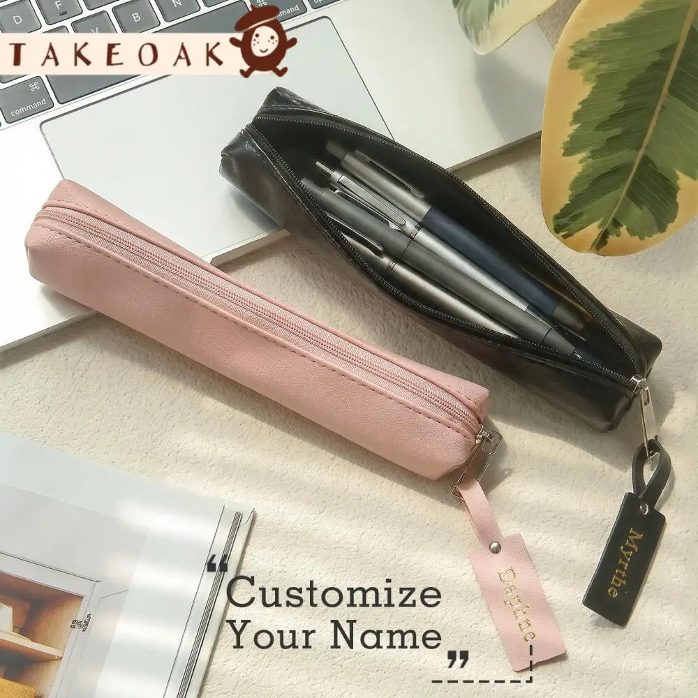 Custom Name Tag Mini Pu Pencil Case Slim Zipper Pen Bag Portable Stationery Storage Pouch Personalized Makeup Brush Storage Bag