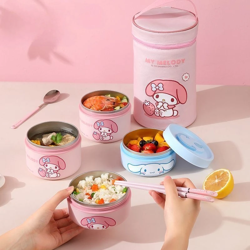 

Hot 400/600ml My Melody Cinnamoroll Cartoon Insulated Lunch Box SS304 Microwave-Safe Sanrio Pink Bento Bowl Storage Bag Gift