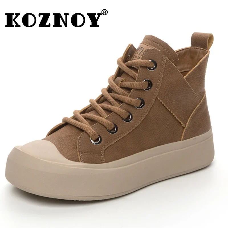 

Koznoy 3.5cm Genuine Leather Moccasins Retro Spring Autumn Winter Plush Flats Chimney Women Boots Ankle Knee High Booties Shoes