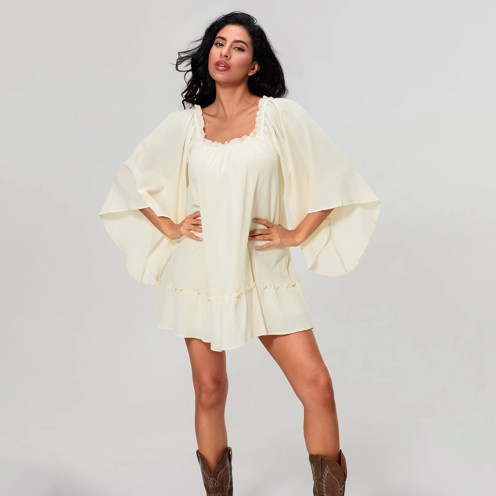 

Women's Solid Color Maternity Dress Loose Fit Ruffled Long Sleeve Loose Mini Dress for Spring Summer