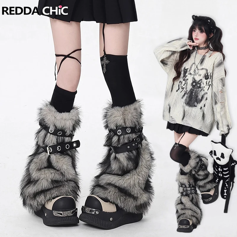 

REDDACHiC женские меховые гетры с поясом, винтажные ботинки Y2k Gyaru из искусственного меха, осенне-зимние длинные носки в стиле гранж Acubi Fashion