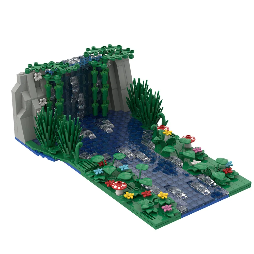 MOC Waterfall Scene Small Particle 647pcs Building Blocks Set Creative Pond Flower Mushroom Assembled Model Bricks Kids Toy Gift